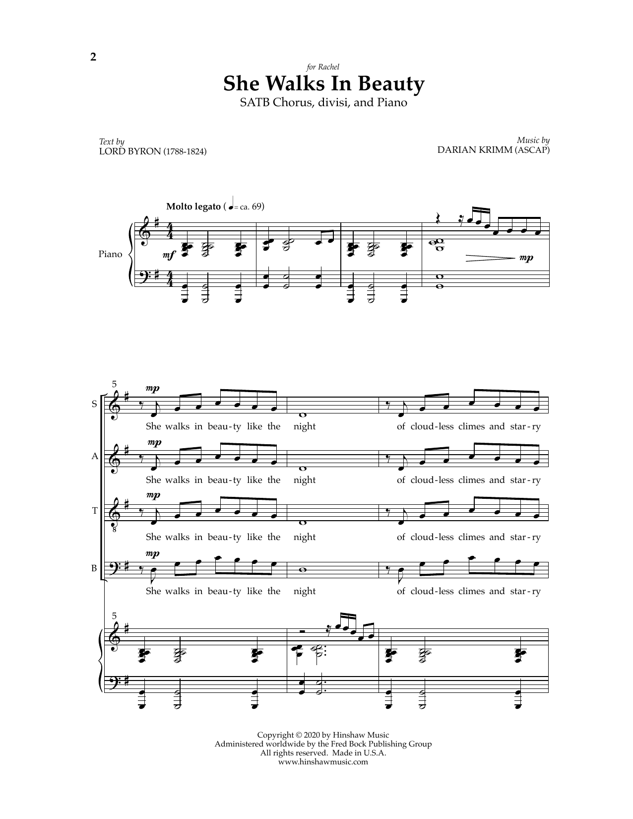 Download Darian Krimm She Walks In Beauty Sheet Music and learn how to play SATB Choir PDF digital score in minutes