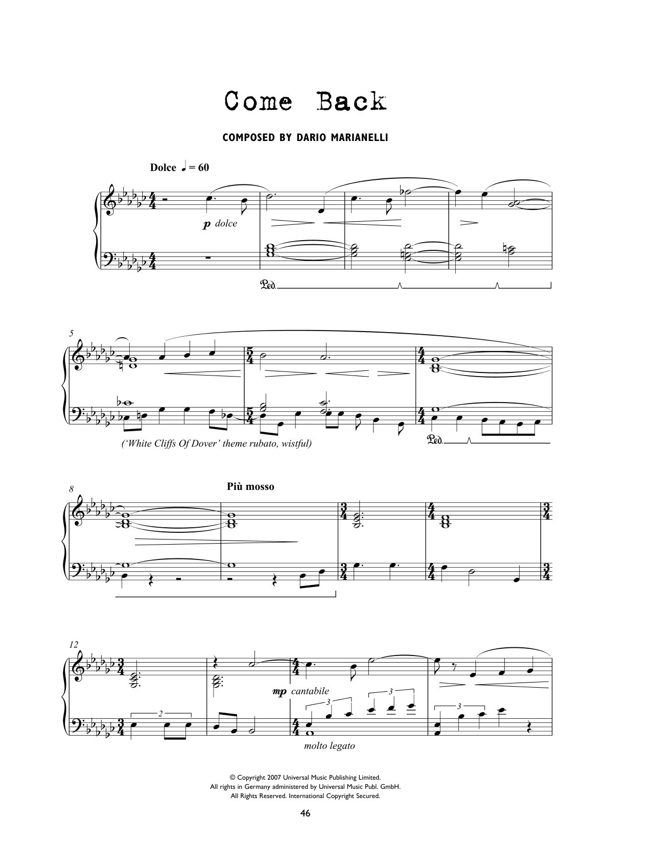 Download Dario Marianelli Come Back (from Atonement) Sheet Music and learn how to play Piano Solo PDF digital score in minutes
