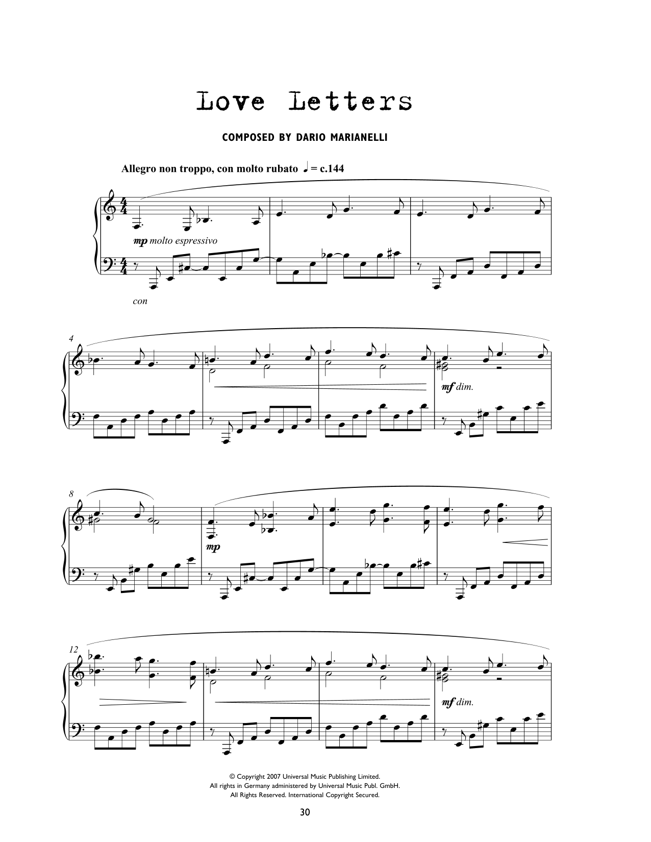 Download Dario Marianelli Love Letters (from Atonement) Sheet Music and learn how to play Piano Solo PDF digital score in minutes