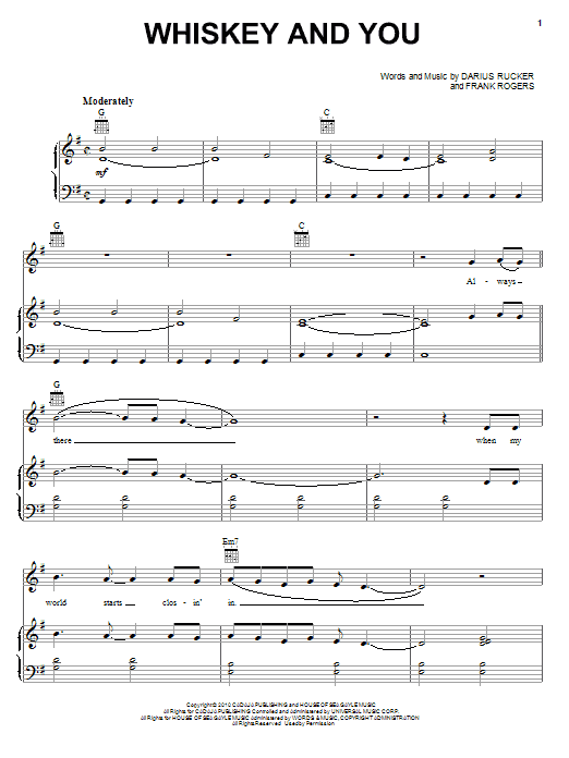 Download Darius Rucker Whiskey And You Sheet Music and learn how to play Piano, Vocal & Guitar (Right-Hand Melody) PDF digital score in minutes