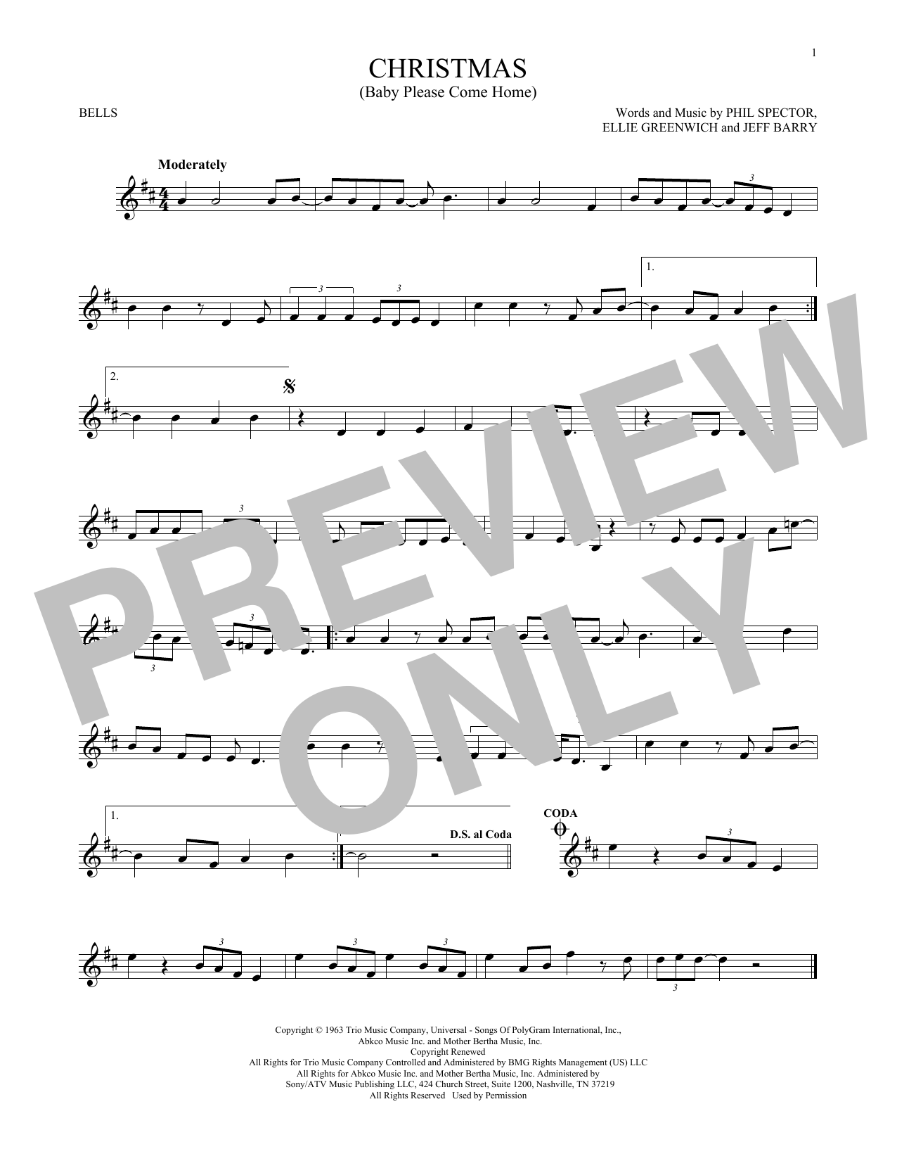 Download Darlene Love Christmas (Baby Please Come Home) Sheet Music and learn how to play Bells Solo PDF digital score in minutes