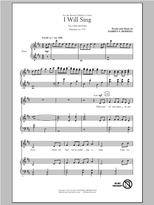 Download Darren S. Herring I Will Sing Sheet Music and learn how to play 3-Part Treble PDF digital score in minutes