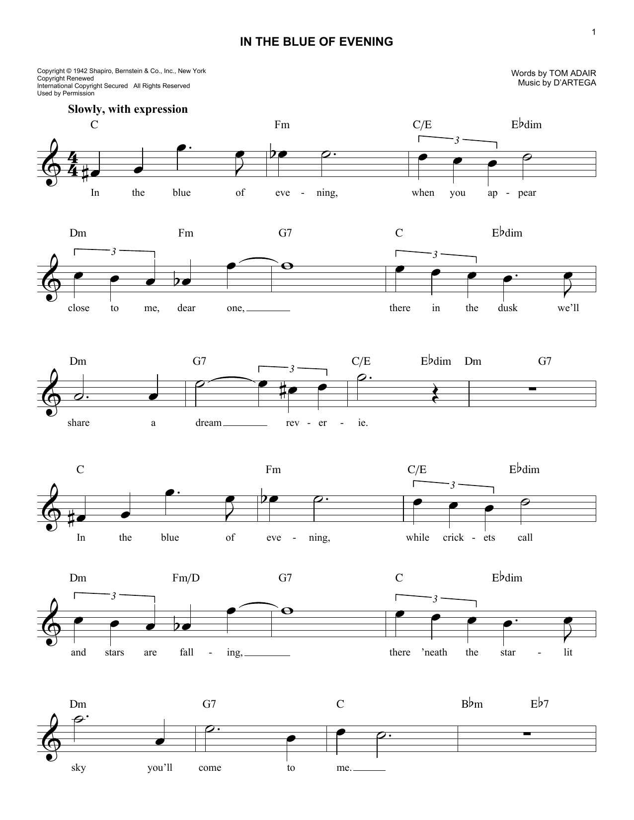 Download D'Artega In The Blue Of Evening Sheet Music and learn how to play Melody Line, Lyrics & Chords PDF digital score in minutes