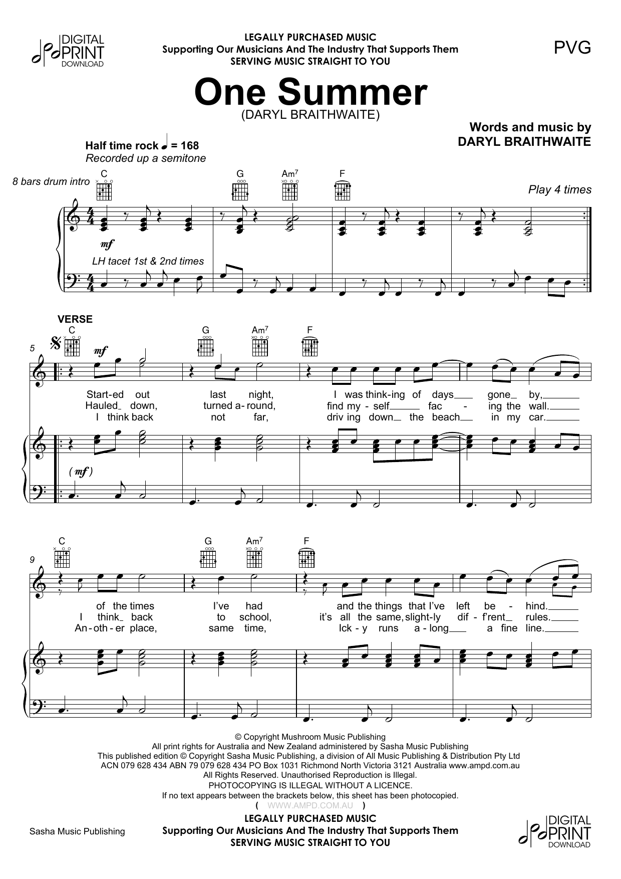 Download Daryl Braithwaite One Summer Sheet Music and learn how to play Piano, Vocal & Guitar (Right-Hand Melody) PDF digital score in minutes