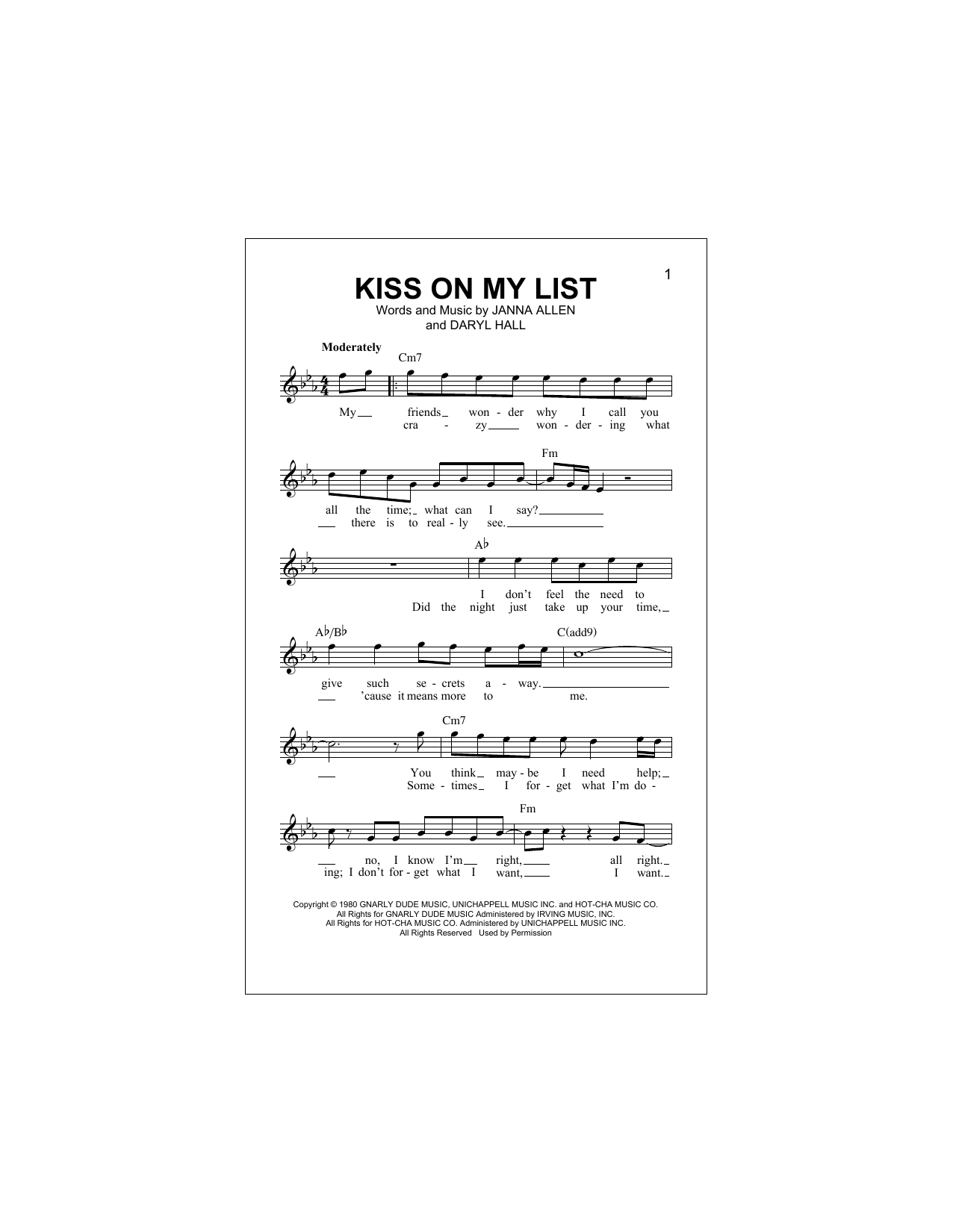 Download Daryl Hall & John Oates Kiss On My List Sheet Music and learn how to play Super Easy Piano PDF digital score in minutes