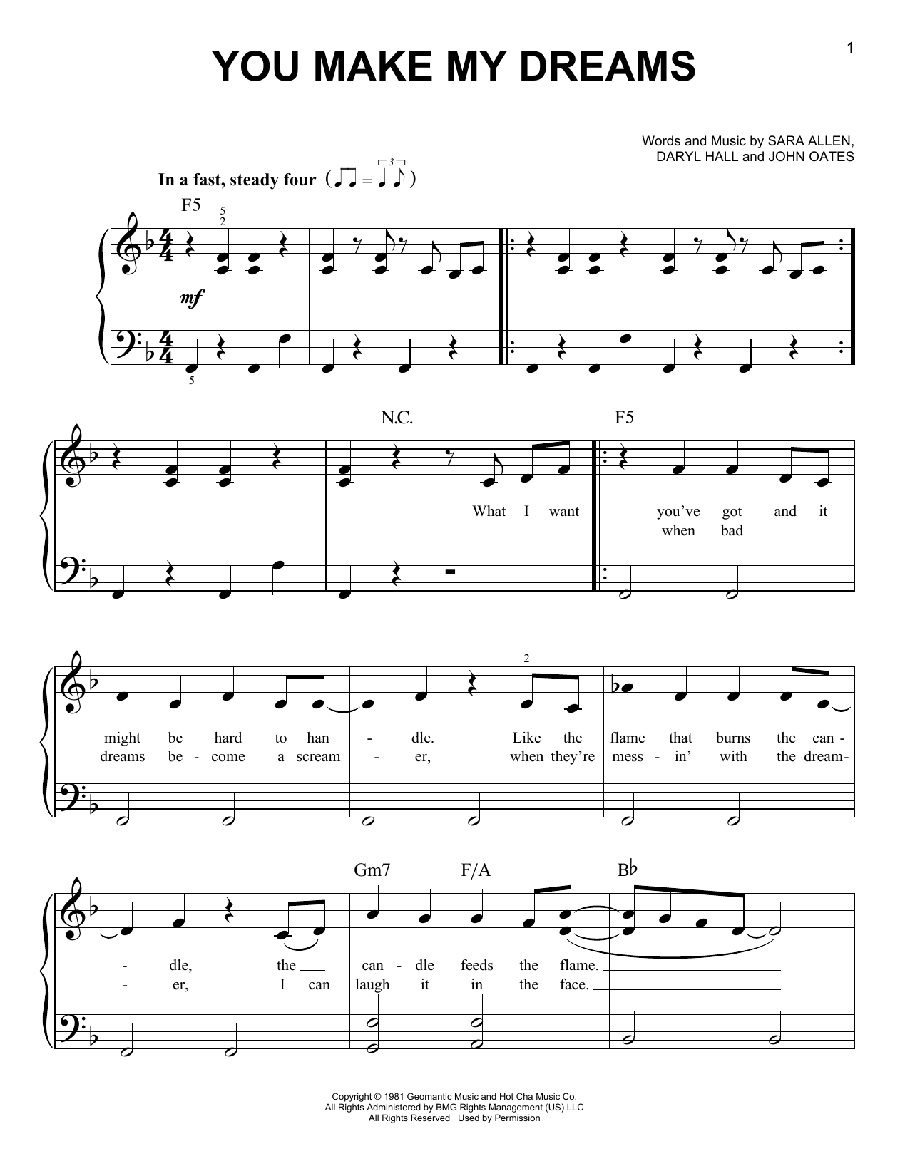 Download Daryl Hall & John Oates You Make My Dreams Sheet Music and learn how to play Very Easy Piano PDF digital score in minutes