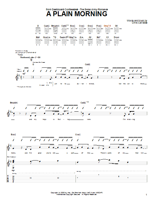 Download Dashboard Confessional A Plain Morning Sheet Music and learn how to play Guitar Tab PDF digital score in minutes
