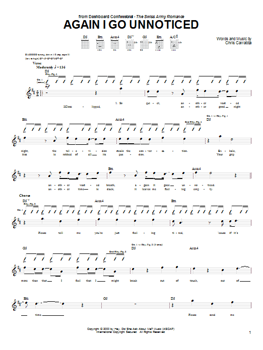Download Dashboard Confessional Again I Go Unnoticed Sheet Music and learn how to play Guitar Tab PDF digital score in minutes
