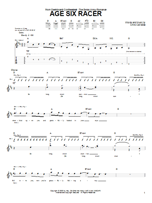 Download Dashboard Confessional Age Six Racer Sheet Music and learn how to play Guitar Tab PDF digital score in minutes