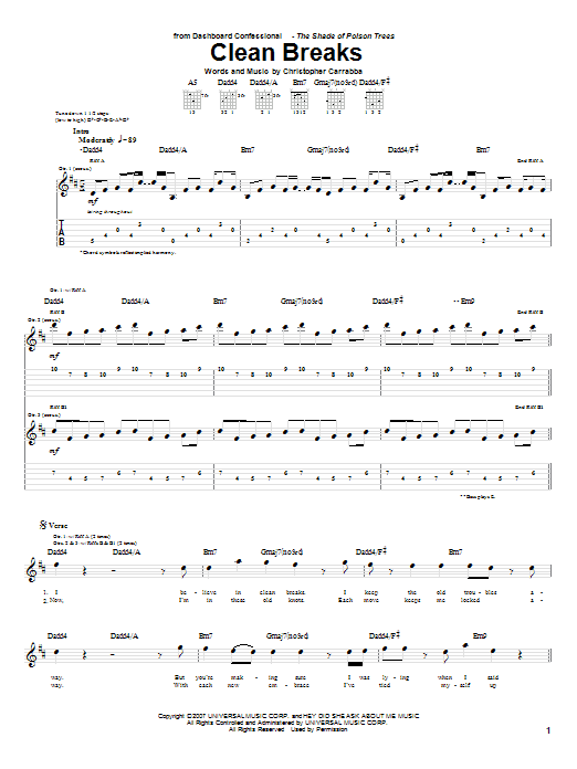 Download Dashboard Confessional Clean Breaks Sheet Music and learn how to play Guitar Tab PDF digital score in minutes