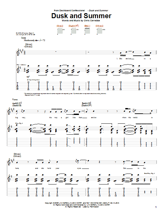 Download Dashboard Confessional Dusk And Summer Sheet Music and learn how to play Guitar Tab PDF digital score in minutes