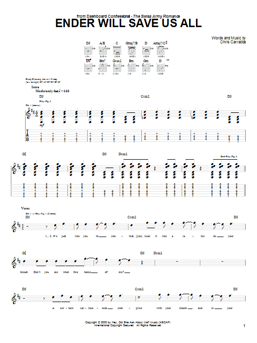 Download Dashboard Confessional Ender Will Save Us All Sheet Music and learn how to play Guitar Tab PDF digital score in minutes