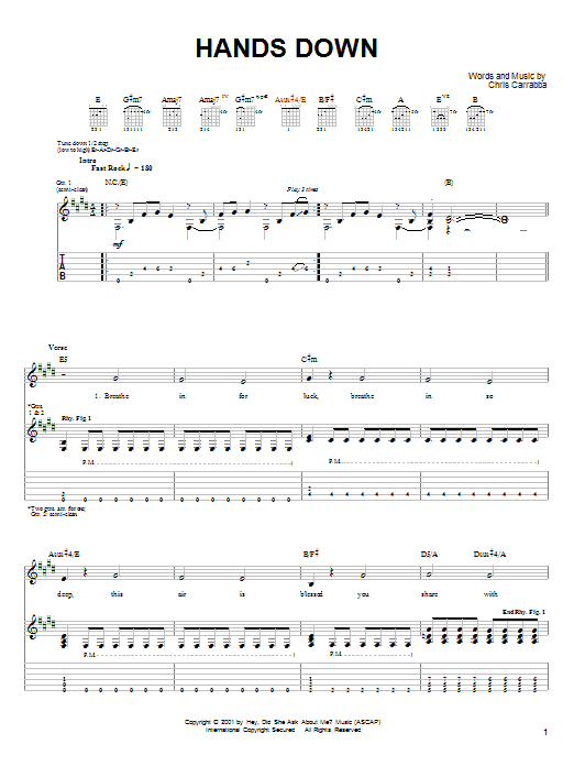 Download Dashboard Confessional Hands Down Sheet Music and learn how to play Guitar Lead Sheet PDF digital score in minutes