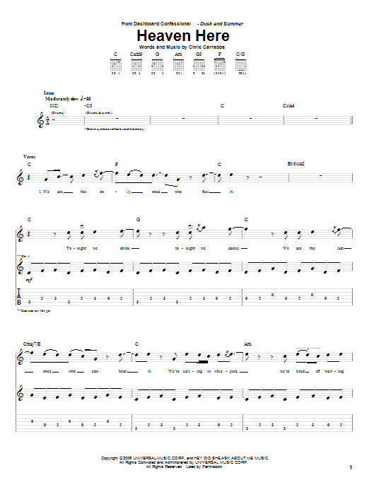 Download Dashboard Confessional Heaven Here Sheet Music and learn how to play Guitar Tab PDF digital score in minutes