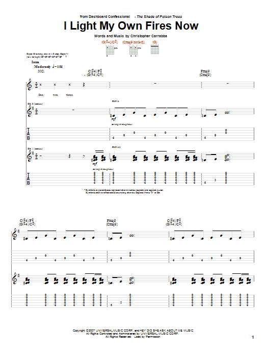 Download Dashboard Confessional I Light My Own Fires Now Sheet Music and learn how to play Guitar Tab PDF digital score in minutes