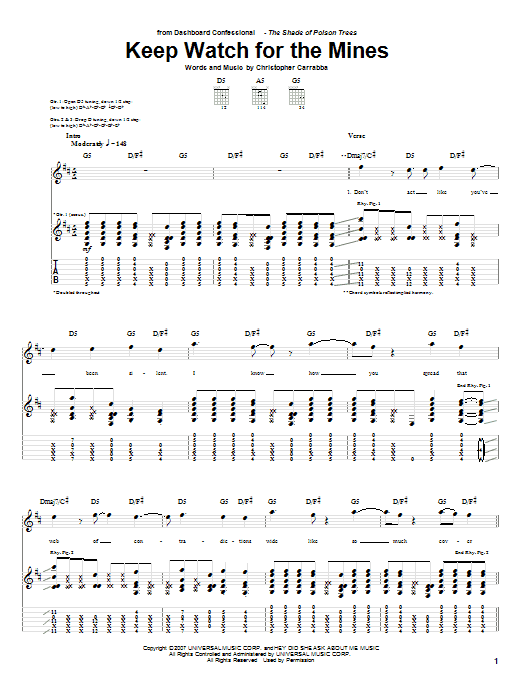 Download Dashboard Confessional Keep Watch For The Mines Sheet Music and learn how to play Guitar Tab PDF digital score in minutes