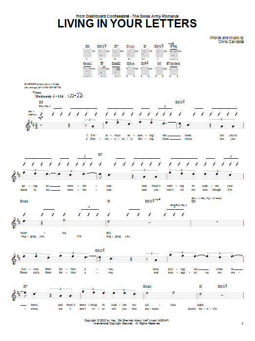 Download Dashboard Confessional Living In Your Letters Sheet Music and learn how to play Guitar Tab PDF digital score in minutes