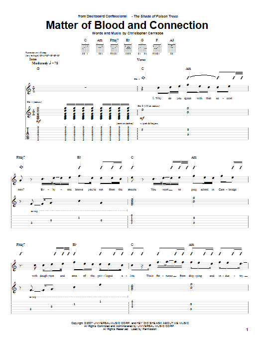 Download Dashboard Confessional Matter Of Blood And Connection Sheet Music and learn how to play Guitar Tab PDF digital score in minutes