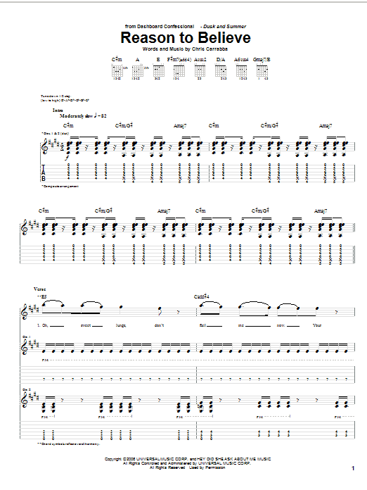 Download Dashboard Confessional Reason To Believe Sheet Music and learn how to play Guitar Tab PDF digital score in minutes