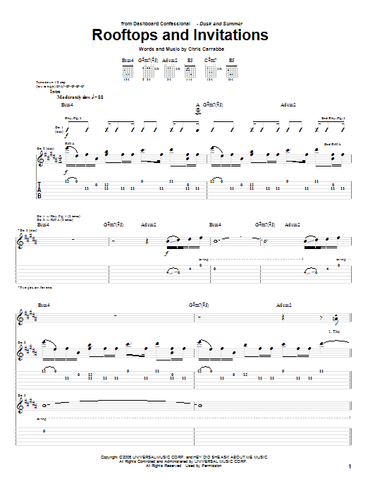 Download Dashboard Confessional Rooftops And Invitations Sheet Music and learn how to play Guitar Tab PDF digital score in minutes