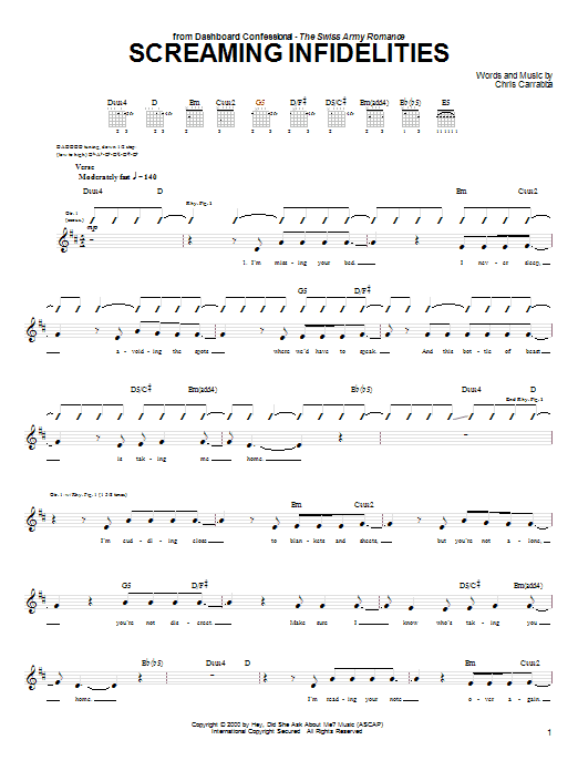 Download Dashboard Confessional Screaming Infidelities Sheet Music and learn how to play Guitar Tab PDF digital score in minutes