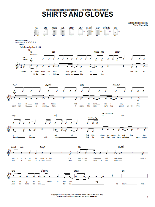 Download Dashboard Confessional Shirts And Gloves Sheet Music and learn how to play Guitar Tab PDF digital score in minutes