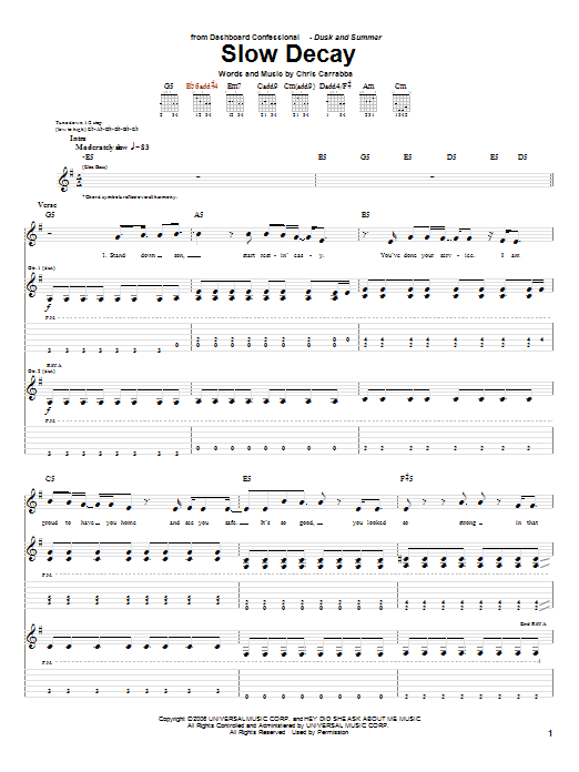 Download Dashboard Confessional Slow Decay Sheet Music and learn how to play Guitar Tab PDF digital score in minutes