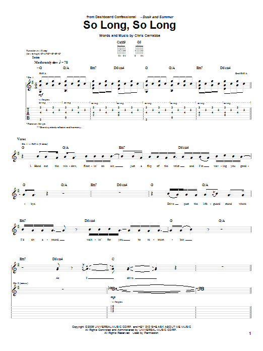 Download Dashboard Confessional So Long, So Long Sheet Music and learn how to play Guitar Tab PDF digital score in minutes