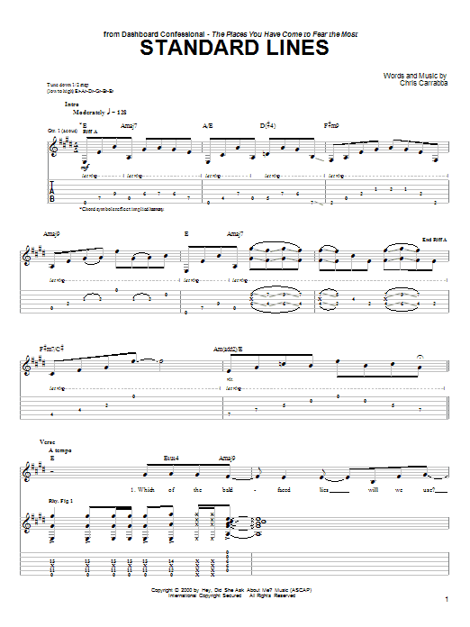 Download Dashboard Confessional Standard Lines Sheet Music and learn how to play Guitar Tab PDF digital score in minutes