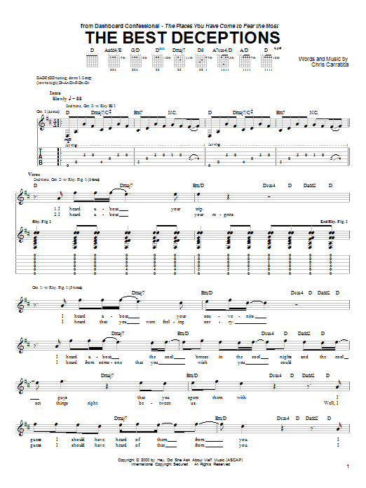 Download Dashboard Confessional The Best Deceptions Sheet Music and learn how to play Guitar Tab PDF digital score in minutes