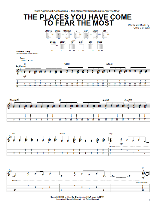 Download Dashboard Confessional The Places You Have Come To Fear The Most Sheet Music and learn how to play Guitar Tab PDF digital score in minutes