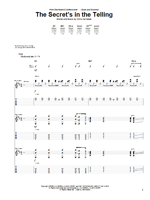 Download Dashboard Confessional The Secret's In The Telling Sheet Music and learn how to play Guitar Tab PDF digital score in minutes