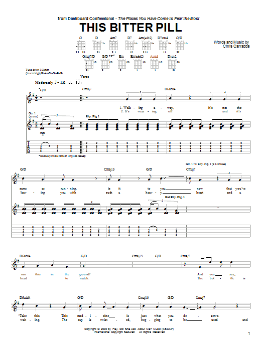 Download Dashboard Confessional This Bitter Pill Sheet Music and learn how to play Guitar Tab PDF digital score in minutes