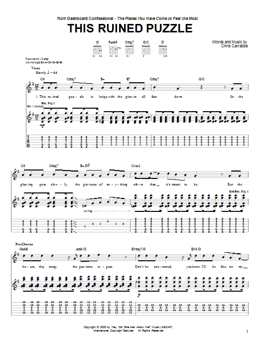 Download Dashboard Confessional This Ruined Puzzle Sheet Music and learn how to play Guitar Tab PDF digital score in minutes