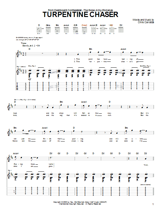 Download Dashboard Confessional Turpentine Chaser Sheet Music and learn how to play Guitar Tab PDF digital score in minutes