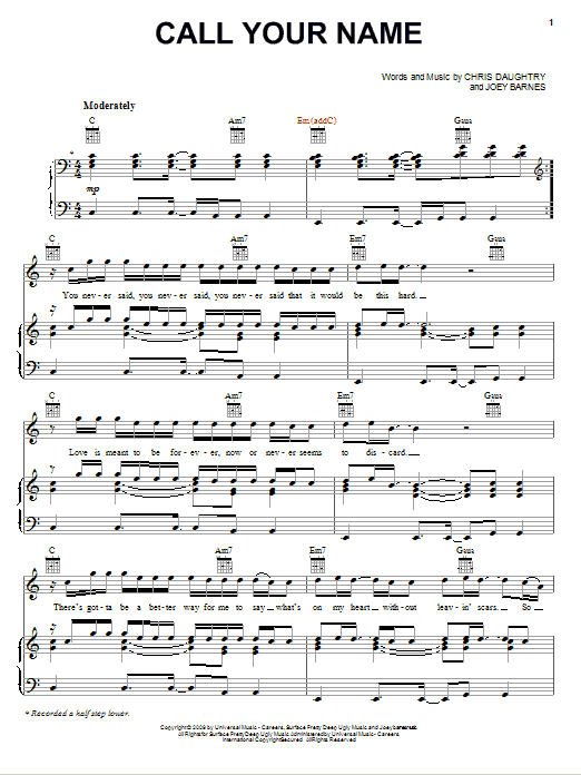 Download Daughtry Call Your Name Sheet Music and learn how to play Piano, Vocal & Guitar (Right-Hand Melody) PDF digital score in minutes