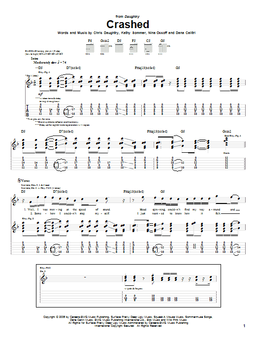 Download Daughtry Crashed Sheet Music and learn how to play Piano, Vocal & Guitar (Right-Hand Melody) PDF digital score in minutes