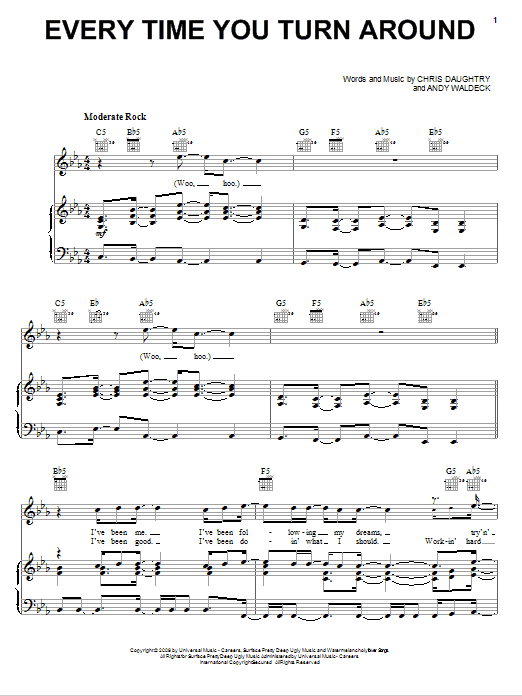 Download Daughtry Every Time You Turn Around Sheet Music and learn how to play Piano, Vocal & Guitar (Right-Hand Melody) PDF digital score in minutes