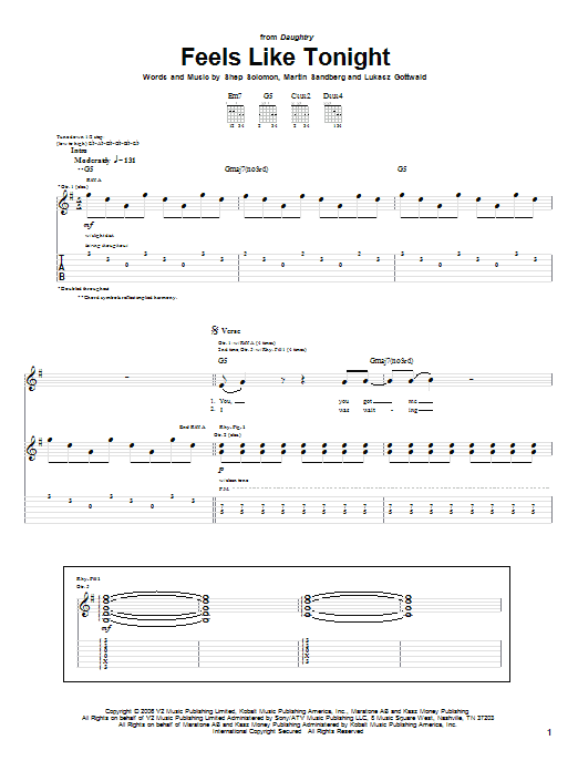 Download Daughtry Feels Like Tonight Sheet Music and learn how to play Guitar Tab PDF digital score in minutes