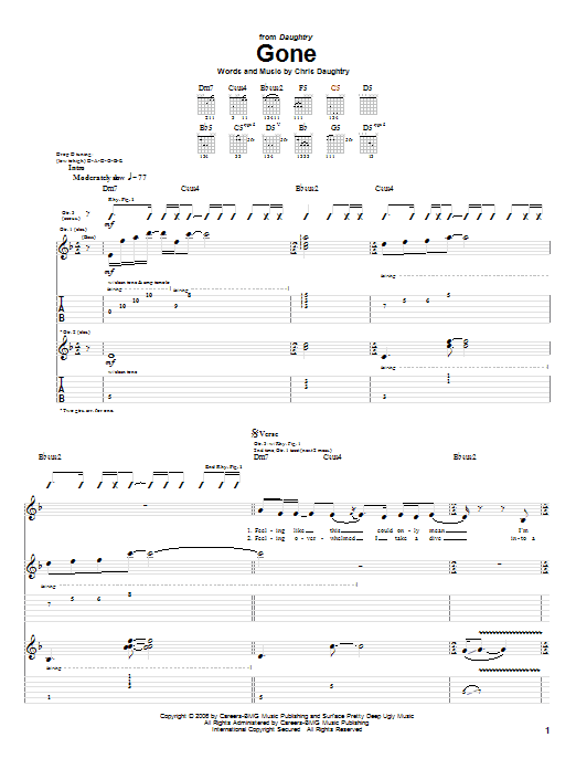 Download Daughtry Gone Sheet Music and learn how to play Piano, Vocal & Guitar (Right-Hand Melody) PDF digital score in minutes