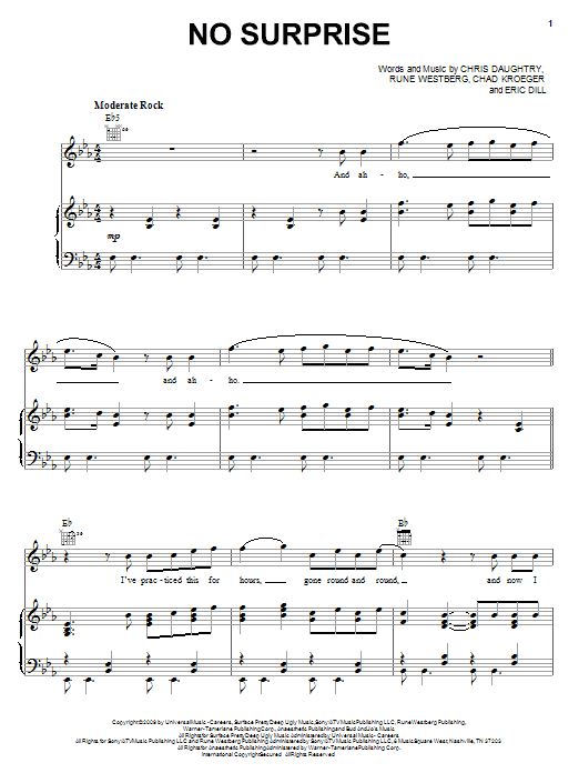 Download Daughtry No Surprise Sheet Music and learn how to play Piano, Vocal & Guitar (Right-Hand Melody) PDF digital score in minutes