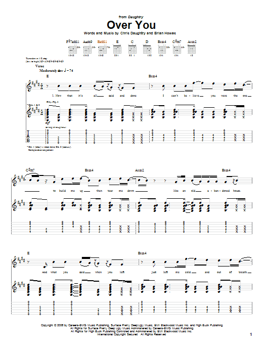 Download Daughtry Over You Sheet Music and learn how to play Guitar Lead Sheet PDF digital score in minutes