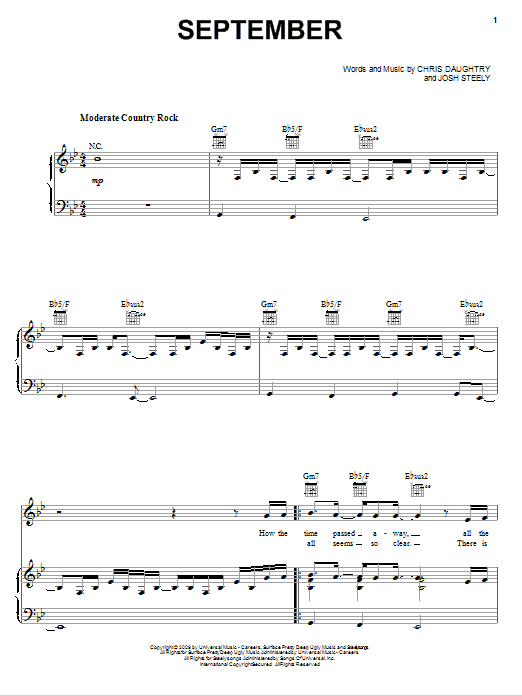 Download Daughtry September Sheet Music and learn how to play Piano, Vocal & Guitar (Right-Hand Melody) PDF digital score in minutes