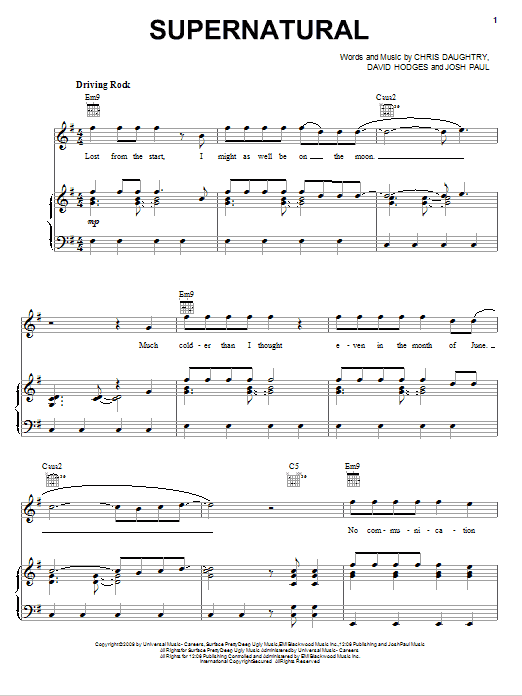 Download Daughtry Supernatural Sheet Music and learn how to play Piano, Vocal & Guitar (Right-Hand Melody) PDF digital score in minutes