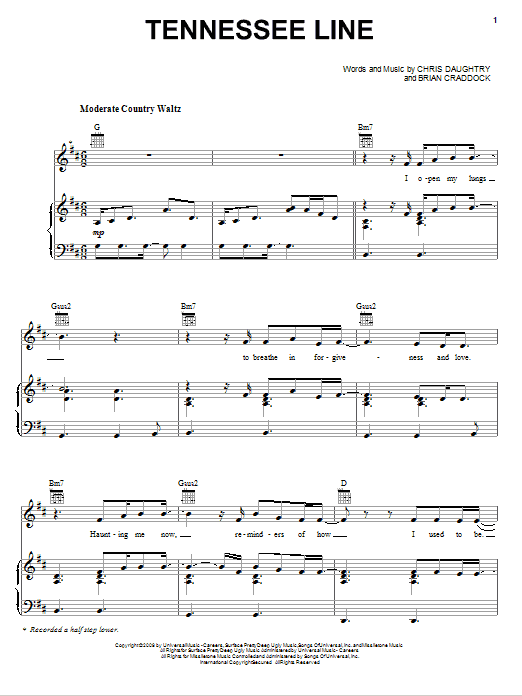 Download Daughtry Tennessee Line Sheet Music and learn how to play Piano, Vocal & Guitar (Right-Hand Melody) PDF digital score in minutes