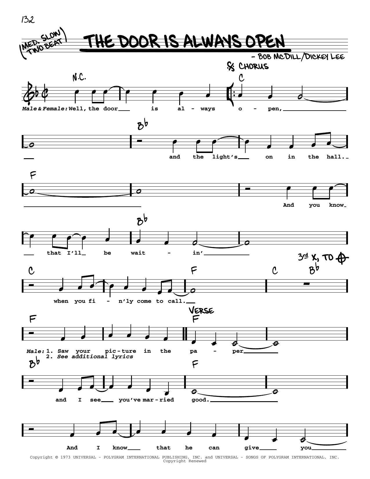 Download Dave & Sugar The Door Is Always Open Sheet Music and learn how to play Real Book – Melody, Lyrics & Chords PDF digital score in minutes