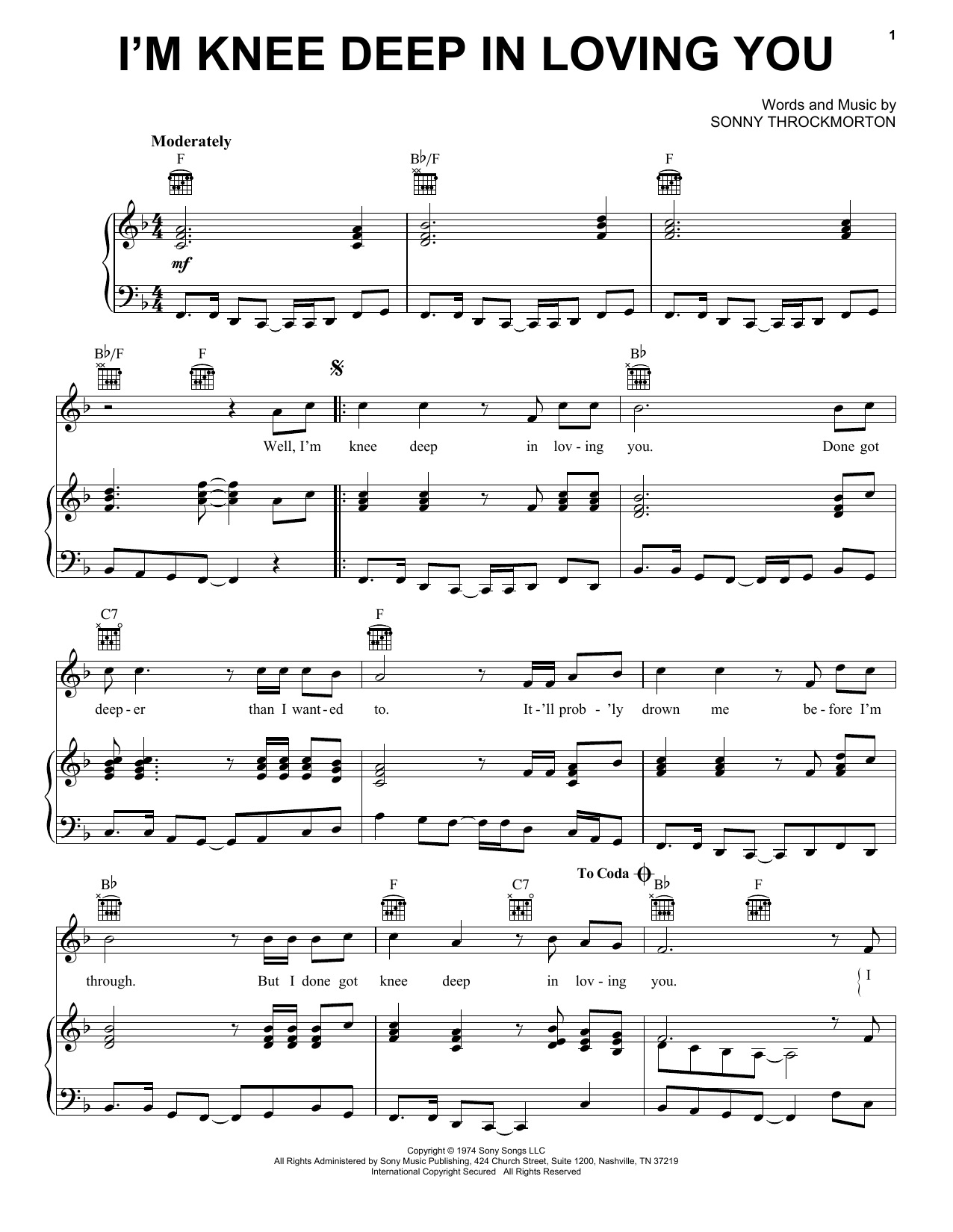 Download Dave and Sugar I'm Knee Deep In Loving You Sheet Music and learn how to play Piano, Vocal & Guitar Chords (Right-Hand Melody) PDF digital score in minutes