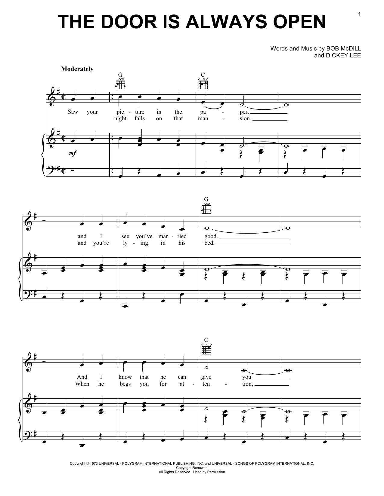 Download Dave and Sugar The Door Is Always Open Sheet Music and learn how to play Piano, Vocal & Guitar Chords (Right-Hand Melody) PDF digital score in minutes