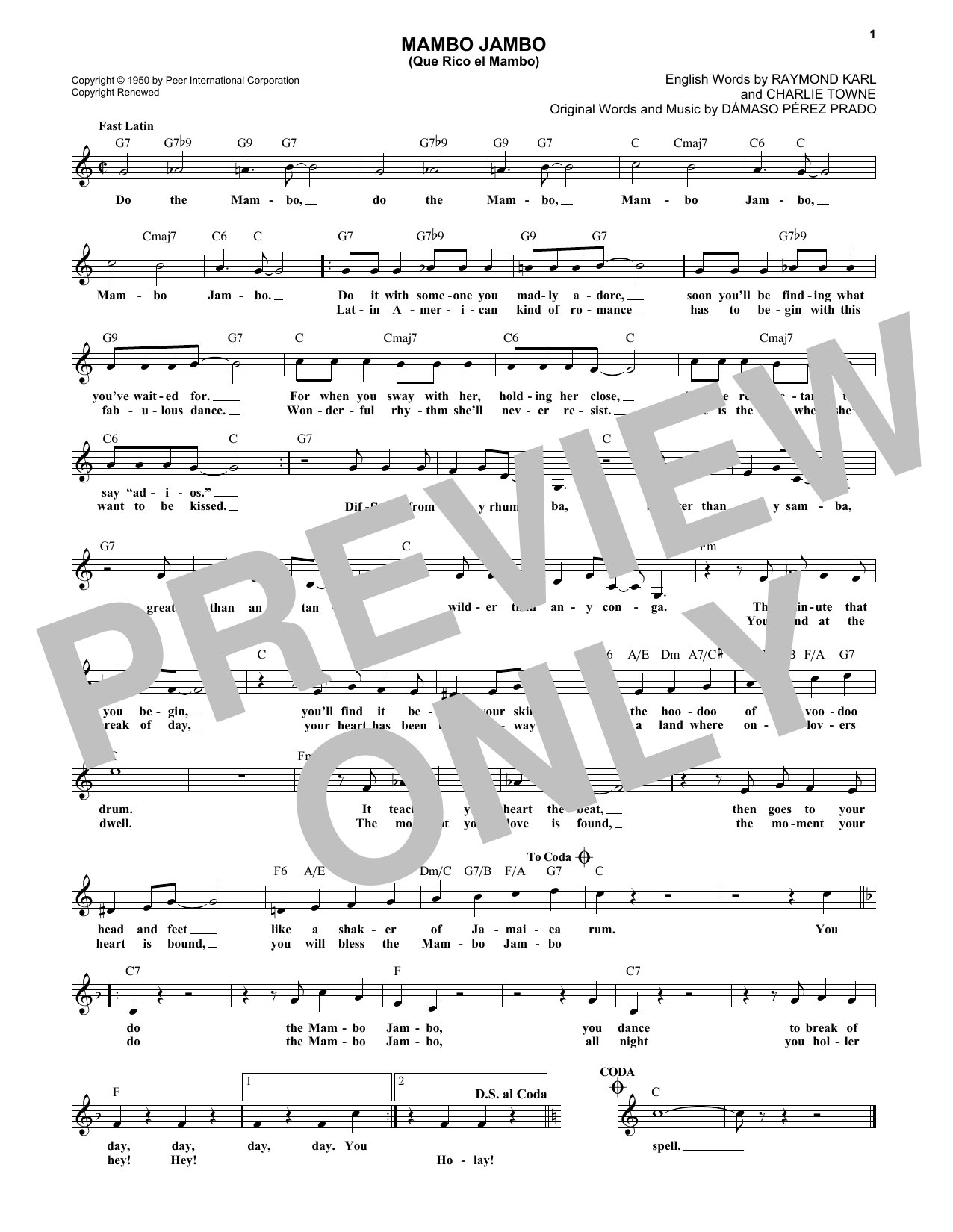 Download Dave Barbour Mambo Jambo (Que Rico El Mambo) Sheet Music and learn how to play Melody Line, Lyrics & Chords PDF digital score in minutes