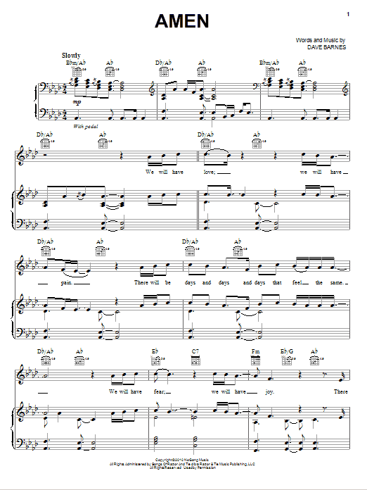 Download Dave Barnes Amen Sheet Music and learn how to play Piano, Vocal & Guitar (Right-Hand Melody) PDF digital score in minutes